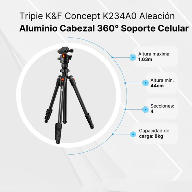 Tripié Compacto K&F Concept K234A0 + Cabeza de Bola KF-28 c/Soporte para Celular (KF09.101V1)
