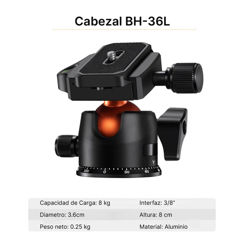 Tripié Compacto K&F Concept K234A0 + Cabeza de Bola BH-36 c/Soporte para Celular (KF09.101V1)