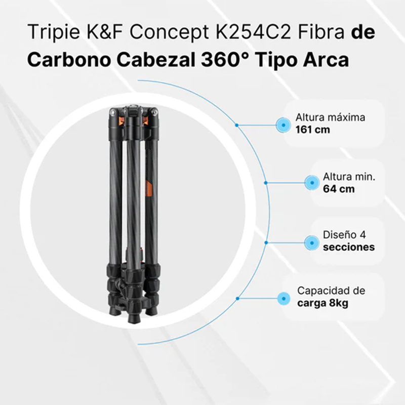 Tripié Fibra de Carbón K&F Concept K254C2 + Cabezal de Bola BH-36L (KF09.123)