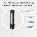 Tripié Fibra de Carbón K&F Concept K254C2 + Cabezal de Bola BH-36L (KF09.123)