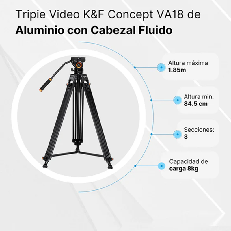 Tripié K&F Concept VA18 + Cabezal de Video VH081 (KF09.121)