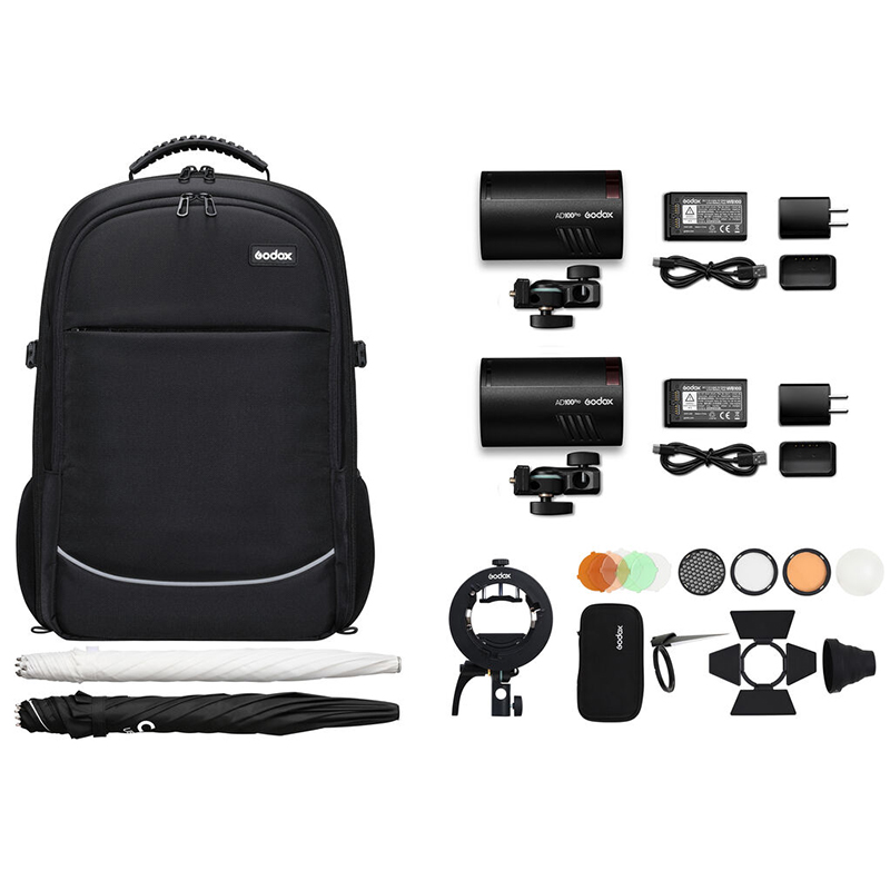 Kit de 2 Flash Godox AD100PRO + 1 Kit de Accesorios AK-R1 + 1 Soporte S2 + 1 Sombrilla Plata/Negra 84cm. + 1 Sombrilla Translúcida 84cm. + BackPack CB-20