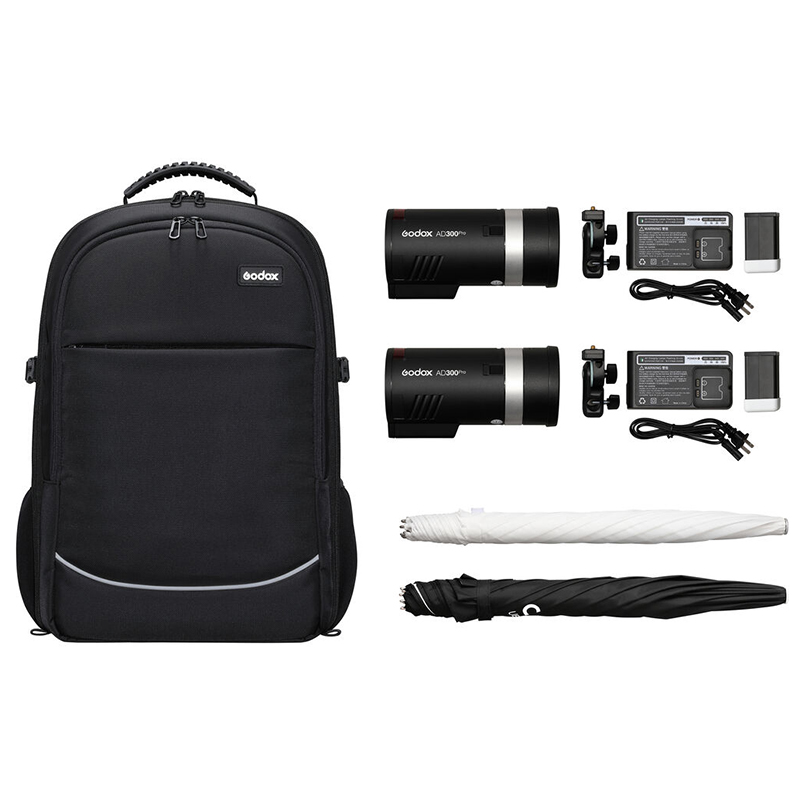 Kit de 2 Flash Godox AD300PRO + 1 Softbox AD-S60S + 2 Sombrilla UBLO85T + 2 Soporte para Flash AD-E2 + 2 Cargador + 2 Batería W30P + 1 BackPack CB-20