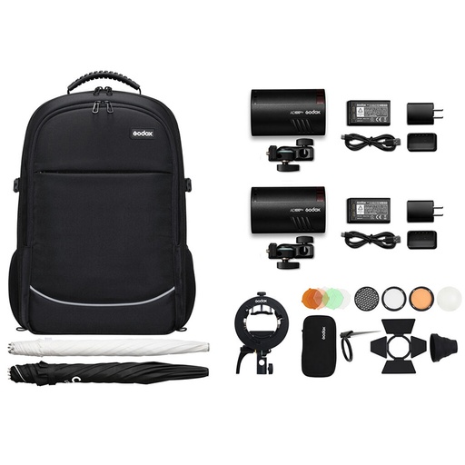 Kit de 2 Flash Godox AD100PRO + 1 Kit de Accesorios AK-R1 + 1 Soporte S2 + 1 Sombrilla Plata/Negra 84cm. + 1 Sombrilla Translúcida 84cm. + BackPack CB-20