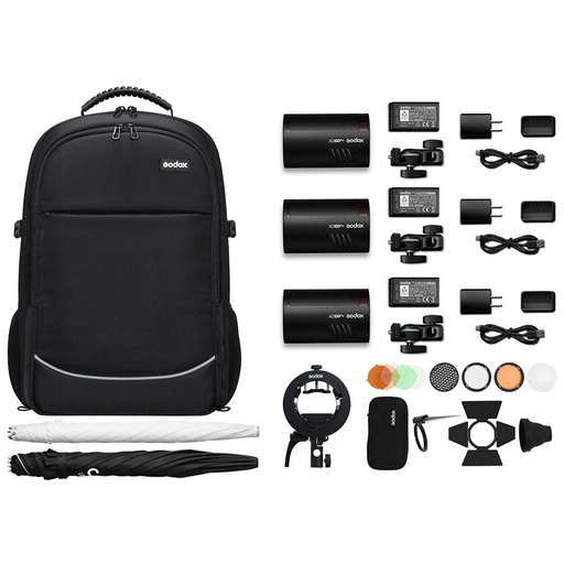 Kit de 3 Flash Godox AD100PRO + 1 Kit de Accesorios AK-R1 + 1 Soporte S2 + 1 Sombrilla Plata/Negra 84cm. + 1 Sombrilla Translúcida 84cm. + BackPack CB-20