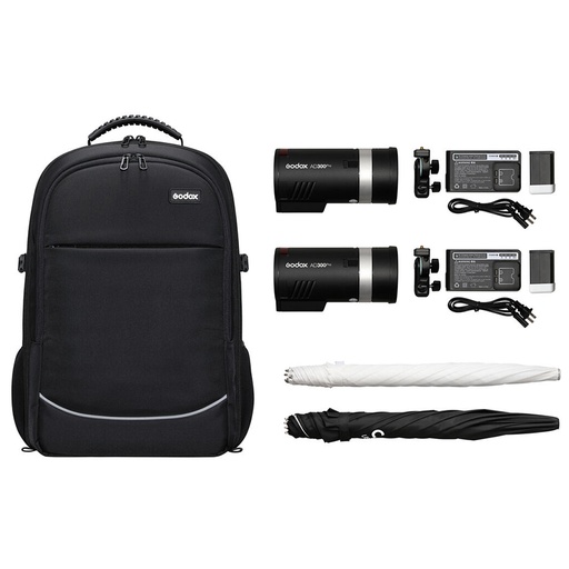 Kit de 2 Flash Godox AD300PRO + 1 Softbox AD-S60S + 2 Sombrilla UBLO85T + 2 Soporte para Flash AD-E2 + 2 Cargador + 2 Batería W30P + 1 BackPack CB-20