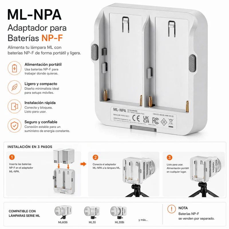 Adaptador de Batería NP-F Godox ML-NPA para ML80Bi y ML150Bi