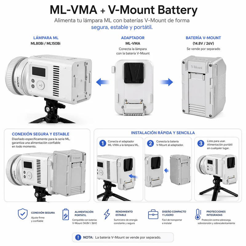 Adaptador de Batería V-Mount Godox ML-VMA para ML80Bi y ML150Bi