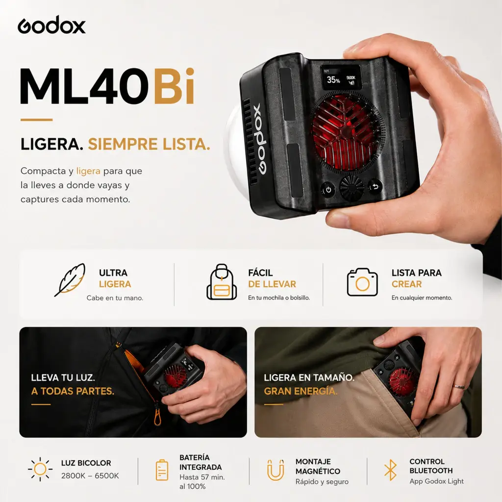 Lámpara Led Bi-Color Portátil Godox ML40Bi