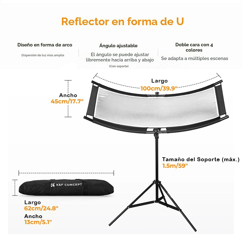 Reflector Curvo 4 en 1 K&F Concept U-Shape 100x45cm con Soporte (KF18.0018)