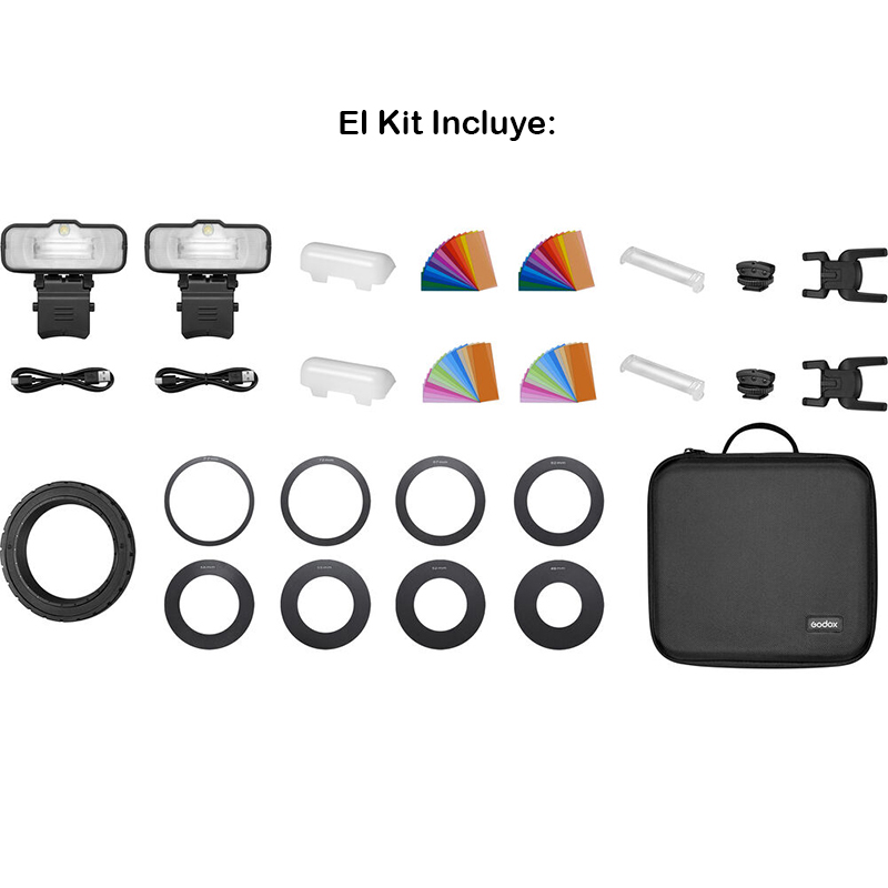 Kit de 2 Flash Macro Godox MF12 con Accesorios y Arillos de 49 a 77mm.
