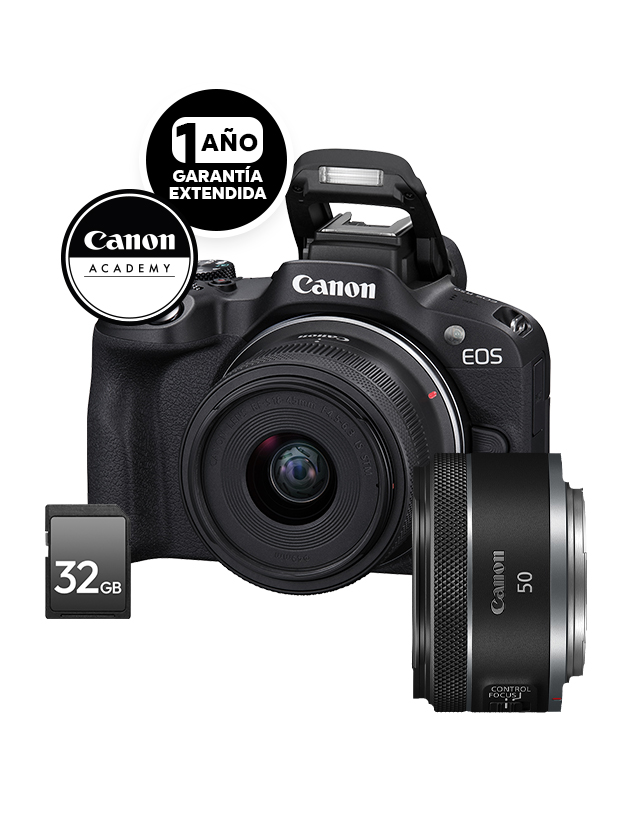 Kit Cámara Canon EOS R50 + RF-S 18-45mm + RF 50mm f/1.8 STM + SD 32GB + Curso ABC de Vlogger + 1 Año de Garantía Extendida