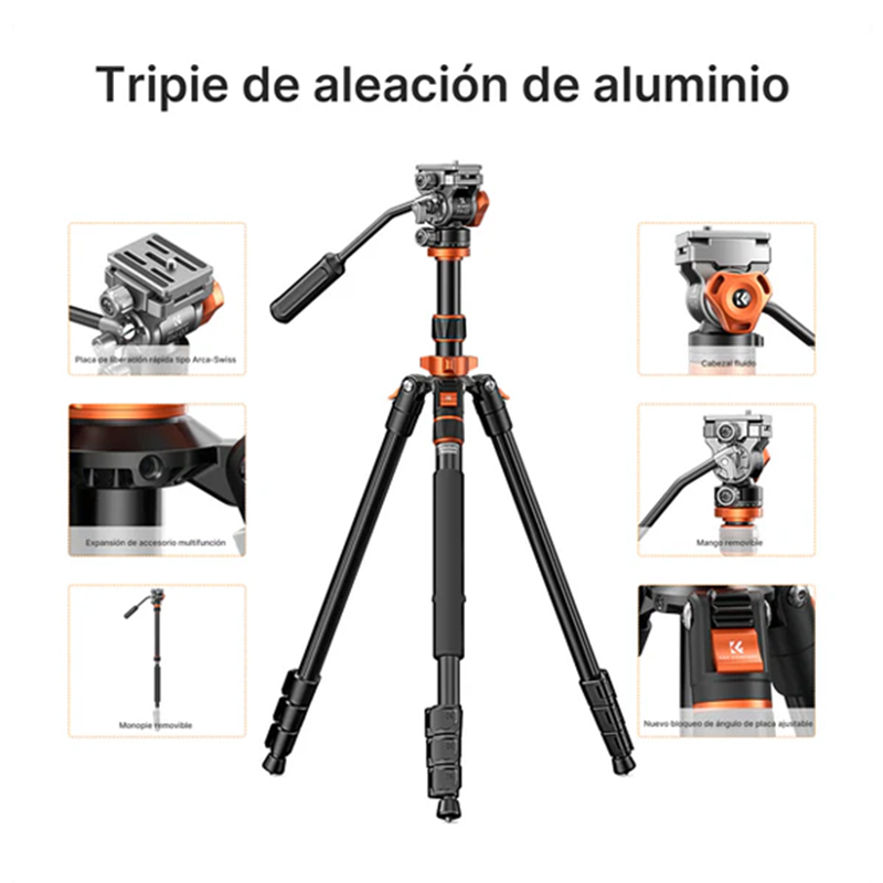 Tripié/Monopié K&F Concept T234A7+FH-03 Aleación Aluminio c/Cabeza de Video (KF09.136)