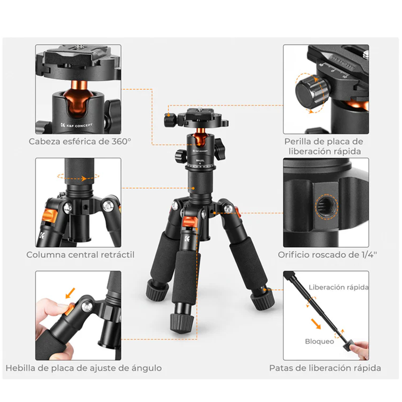 Mini Tripié K&F Concept c/Cabeza de Bola para Foto c/Soporte para Celular (KF09.150)