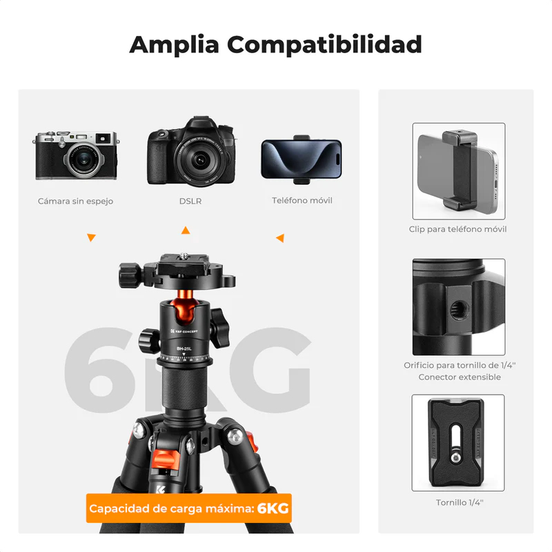 Mini Tripié K&F Concept c/Cabeza de Bola para Foto c/Soporte para Celular (KF09.150)