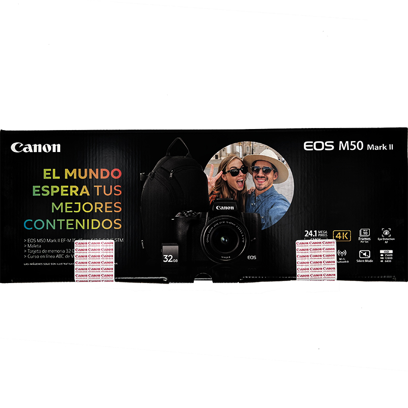 Kit Cámara Canon EOS M50 Mark II + EF-M 15-45mm IS STM + Maleta + Memoria SD 32GB + Curso en Línea "ABC de Vlogger"