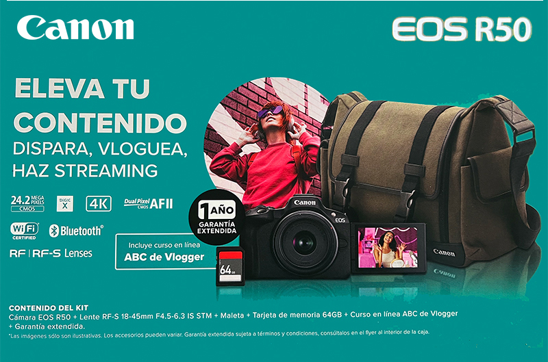 Kit Cámara Canon EOS R50 + RF-S 18-45mm + Maleta CB-MS12-GR + SD 64GB + Curso ABC de Vlogger + 1 Año de Garantía Extendida