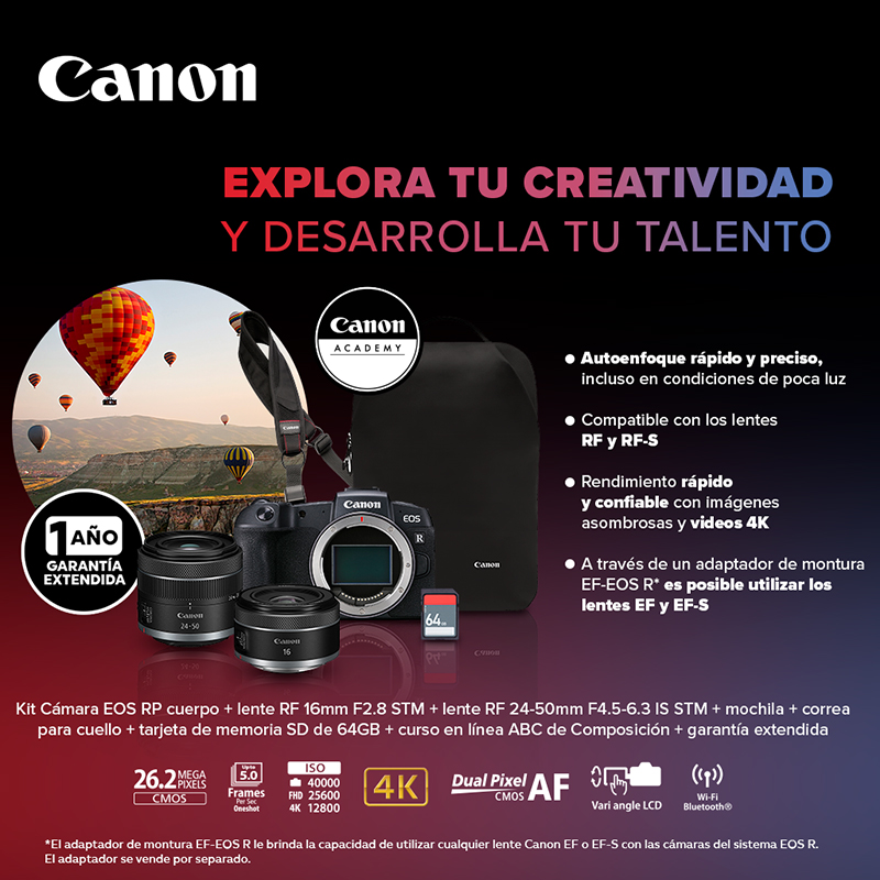 Kit Cámara Canon EOS RP c/RF 24-50mm IS STM + RF 16mm f/2.8 STM + Mochila CCB-BP5-BK + Correa + Memoria SD 64GB + Curso en Línea "ABC de Composición" + 1 año de Garantía Extendida