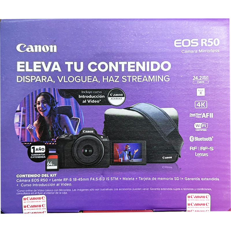 Kit Cámara Canon EOS R50 (Negra) c/RF-s 18-45mm f/4.5-6.3 IS STM + Maleta + SD 64Gb + Garantía Extendida + Curso Introducción al Video