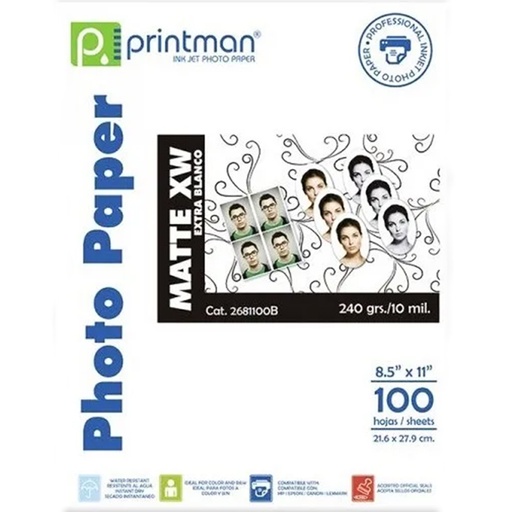 Papel Printman Matte XW 8.5&quot;x11&quot; Doble Cara con 100 hojas (2681100B)