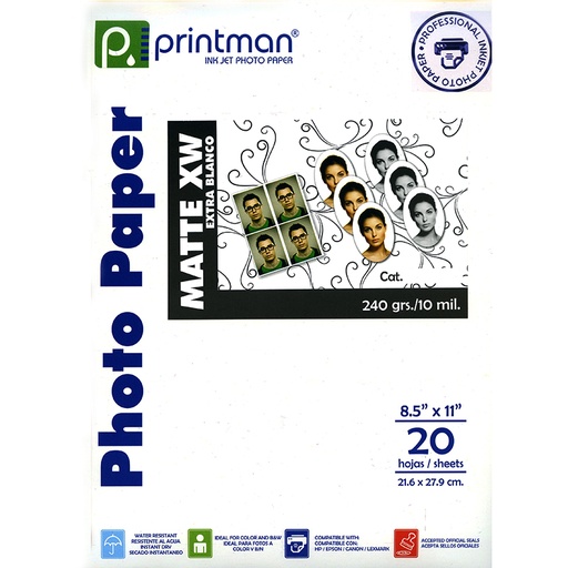 Papel Printman Matte XW 8.5&quot;x11&quot; Doble Cara con 20 hojas (2681120B)