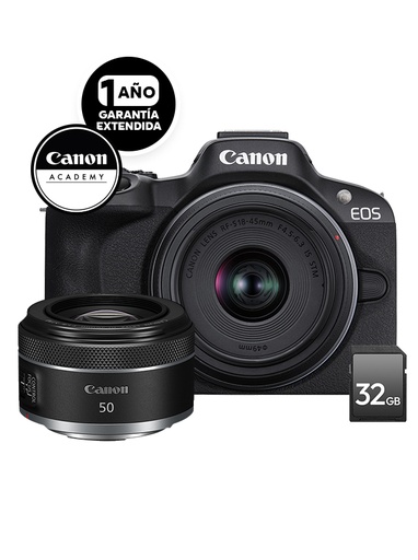 Kit Cámara Canon EOS R50 + RF-S 18-45mm + RF 50mm f/1.8 STM + SD 32GB + Curso ABC de Vlogger + 1 Año de Garantía Extendida