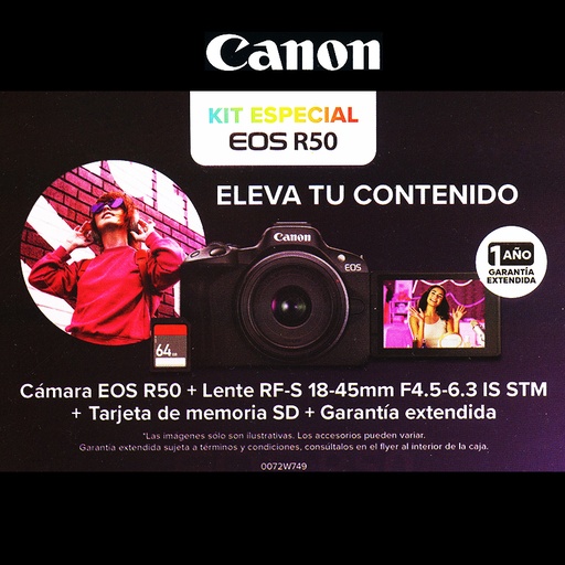 Cámara Canon EOS R50 c/RF-s 18-45 + SD64Gb + 1 Año de Garantía Extendida