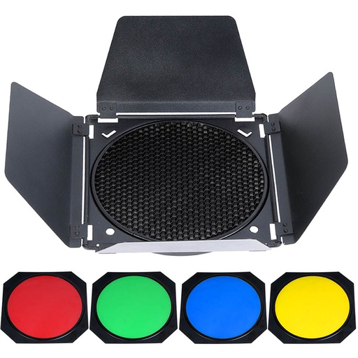 Kit Barndoor Godox BD-04 con Grid y 4 Filtros para Lámparas y Flash con Reflector de 7"