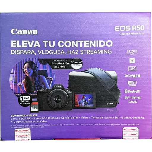 Kit Cámara Canon EOS R50 (Negra) c/RF-s 18-45mm f/4.5-6.3 IS STM + Maleta + SD 64Gb + Garantía Extendida + Curso Introducción al Video